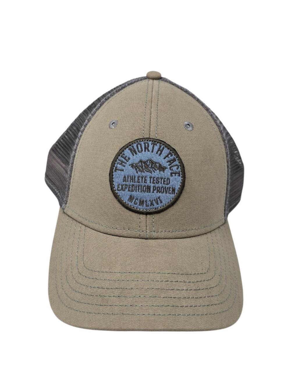 The North Face Expedition Proven Trucker Hat Tan Blue Mesh Snapback Gorpcore
